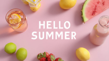 A lively arrangement featuring refreshing summer beverages alongside colorful fruits on a pink backdrop, embodying the essence of seasonal joy and celebration.の素材