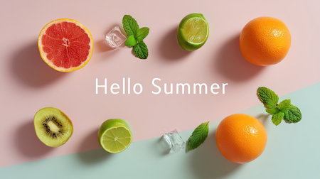 A vibrant arrangement showcasing fresh citrus fruits like oranges, grapefruits, and limes with ice cubes and mint leaves, reflecting the essence of summer and refreshment.の素材