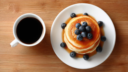 This inviting image features a stack of fluffy pancakes drizzled with syrup and topped with fresh blueberries, accompanied by a hot cup of black coffee, perfect for a hearty breakfast.の素材