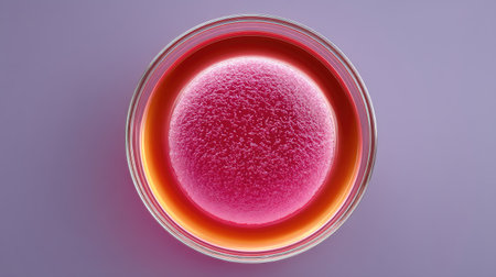 A captivating closeup of a vibrant pink sphere resting in a clear glass bowl, showcasing a textured surface against a soft gradient backdrop for a modern look.の素材