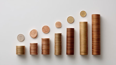 An array of coins arranged in increasing stacks showcasing the concept of financial growth, savings, and currency investment in a clean, minimalistic design.の素材