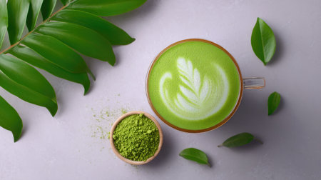 A vibrant green matcha latte topped with a beautiful leaf pattern sits beside a bowl of matcha powder, evoking freshness and health in a calming setting.の素材