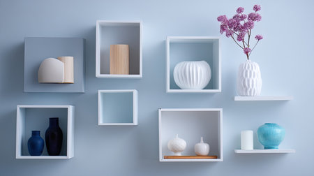 A stunning arrangement of modern home decor showcases stylish shelves featuring unique vases and decorative items in a serene color palette.の素材