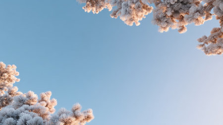Captivating view of frosted tree branches contrasted against a clear blue sky, capturing the essence of winter's beauty in nature and its tranquility.の素材