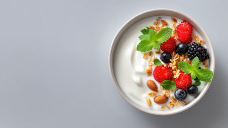 A fresh yogurt bowl featuring vibrant berries, crunchy granola, and nuts, garnished with mint leaves, all beautifully arranged against a gray background.の素材