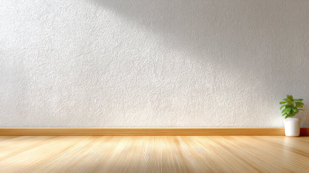 A serene and minimalist interior space featuring a polished wooden floor, soft textured wall, and a simple potted plant bringing a touch of nature indoors.の素材