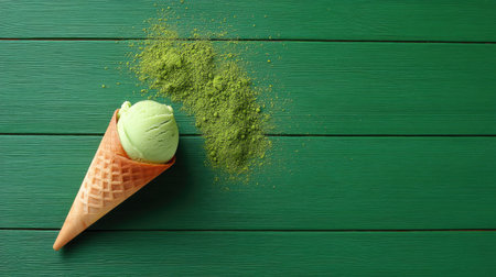 A delightful scoop of creamy matcha ice cream rests in a waffle cone, surrounded by a sprinkle of vibrant green powder. Perfect for summer enjoyment!の素材