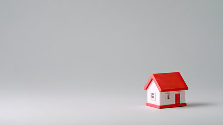 This image features a charming small red and white toy house set against a minimalist background, perfect for themes of childhood, play, and home.の素材