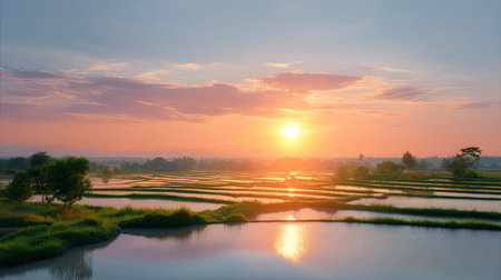 A serene sunrise captivates the viewer, showcasing lush rice fields, tranquil water reflections, and vibrant nature, embodying peace and beauty.の素材
