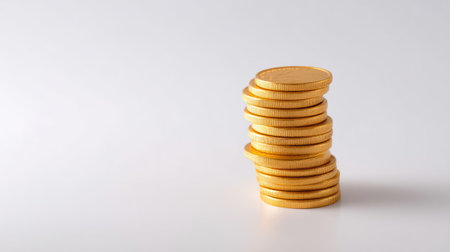 A neatly stacked arrangement of gold coins on a clean white surface, symbolizing wealth and financial growth, ideal for investment and finance imagery.の素材