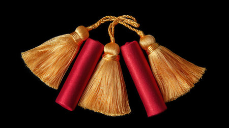 A stunning arrangement of colorful tassels featuring soft golden fringes, set against a dark background, evoking traditional artistry and cultural beauty.の素材
