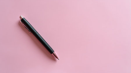 A sleek black pen lies on a soft pink background, highlighting a beautiful juxtaposition of colors. Perfect for showcasing elegance in office stationery.の素材