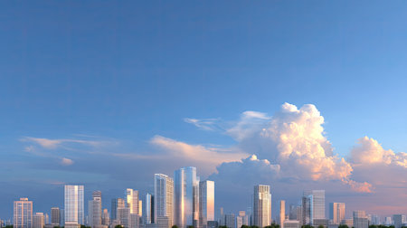 A stunning urban skyline featuring high-rise buildings against a clear blue sky with fluffy white clouds, showcasing modern architecture and city life.の素材