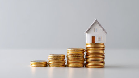 A small model house placed atop stacks of coins symbolizes the concept of investment in real estate. This image reflects financial growth and wealth accumulation strategies.の素材