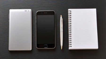 A modern arrangement of a sleek smartphone, a clean notebook, and a pen on a dark surface, ideal for creative and business concepts or note-taking.の素材