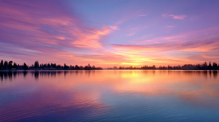 A breathtaking sunset casts vibrant colors over a tranquil lake, creating stunning reflections in the calm water. Ideal for nature lovers and travel enthusiasts.の素材