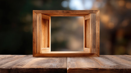 Captivating wooden frame set on a rustic table, surrounded by a softly blurred nature background, ideal for showcasing art or photography projects.の素材