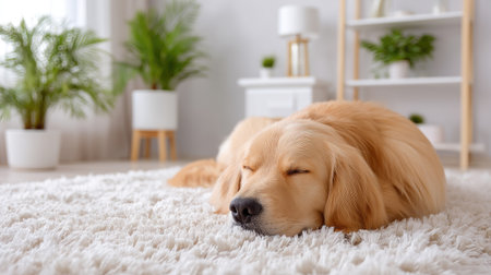 A golden retriever lies peacefully on a soft carpet in a stylish living room. Natural light pours in, illuminating green plants around the inviting space.の素材