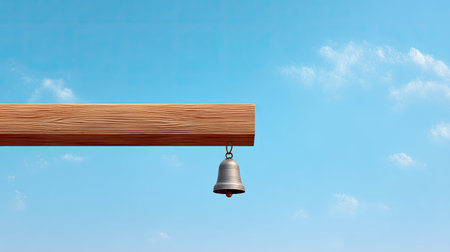 A rustic bell hangs from a wooden beam against a vibrant blue sky adorned with fluffy clouds, creating a serene and tranquil atmosphere perfect for outdoor spaces.の素材