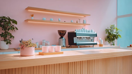 Bright and airy kitchen space featuring a minimalist design with a stylish coffee machine, wooden countertop, and charming plant decor against pink walls.の素材