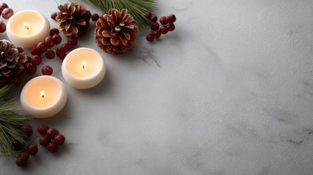 A serene arrangement featuring glowing candles, pine cones, and vibrant berries on a marble surface, perfect for holiday decor and winter celebrations.の素材