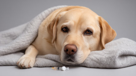 A sad Labrador retriever lies wrapped in a soft blanket, gazing thoughtfully. An injection syringe rests nearby, suggesting a veterinary visit or care.の素材