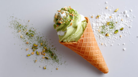 Indulge in this visually appealing ice cream cone featuring refreshing green flavors and delightful toppings, perfect for summer desserts and treats.の素材