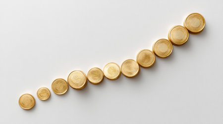A collection of gold coins arranged in a visually appealing ascending order, set against a bright background, symbolizing financial growth and investment potential.の素材