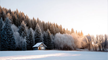 This beautiful winter scene showcases a cozy cabin nestled amongst frost-covered trees, illuminated by soft morning light. A serene and tranquil landscape perfect for evoking feelings of peace and simplicity.の素材