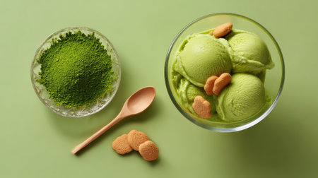 A delightful bowl of creamy matcha ice cream garnished with crunchy cookies and placed beside a bowl of matcha powder, set on a soft green background.の素材