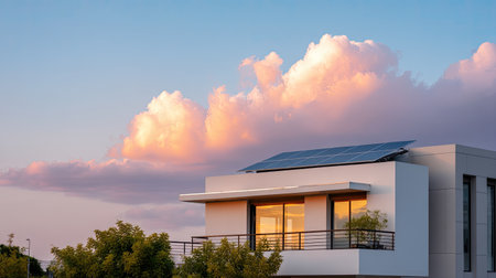 This image showcases a modern house featuring solar panels on the roof, set against a stunning sky filled with colorful clouds during sunset, highlighting sustainability.の素材