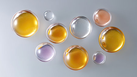 A stunning arrangement of bubbles in various colors and sizes showcases the interplay of light and reflection on a smooth surface, creating an artistic visual appeal.の素材