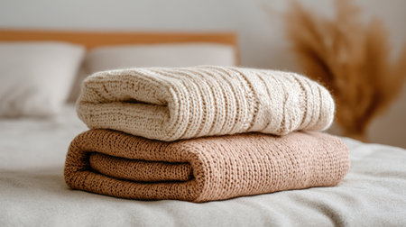 A serene image of two folded knit blankets in soft, neutral colors stacked atop a cozy bed. The minimalist dの素材