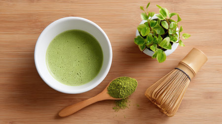 A serene composition featuring a bowl of whisked green matcha tea alongside matcha powder, a traditional whisk, and a small potted plant, evoking calmness.の素材