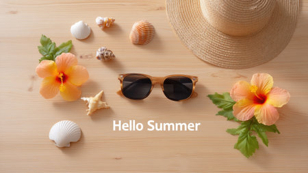 This delightful image captures the essence of summer with stylish sunglasses, vibrant tropical flowers, seashells, and a straw hat, perfect for beach vibes.の素材