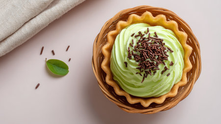 This image showcases a delicious mint green dessert served in a pastry cup, elegantly topped with chocolate sprinkles, perfect for dessert lovers.の素材