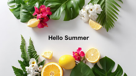 This vibrant summer scene features a colorful arrangement of tropical leaves and fresh citrus fruits, perfect for celebrating the season's beauty.の素材