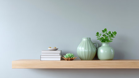 This image showcases a serene and minimalist shelf arrangement featuring elegant greenery, simple books, and stylish vases. Perfect for design inspiration.の素材