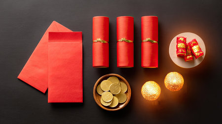 Celebrate the Lunar New Year with vibrant red envelopes, gold coins, and festive decorations. A perfect arrangement for cultural festivities highlighting symbolism and tradition.の素材