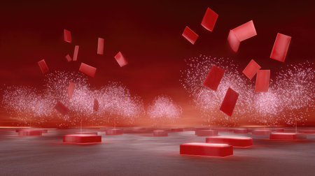 This captivating abstract scene features floating red geometric shapes above a mesmerizing shimmering surface, complemented by vibrant fireworks in the background, offering a dynamic and festive atmosphere ideal for creative projects.の素材