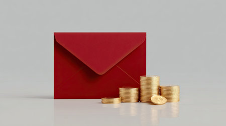 A visually striking image featuring a red envelope alongside stacks of golden coins. This artistic arrangement represents financial opportunities and wealth management, inviting viewers to reflect on prosperity and saving.の素材