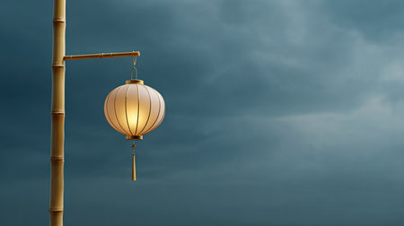 A beautifully designed lantern hangs gracefully on a bamboo post, casting a warm glow against a backdrop of dramatic clouds during the evening.の素材