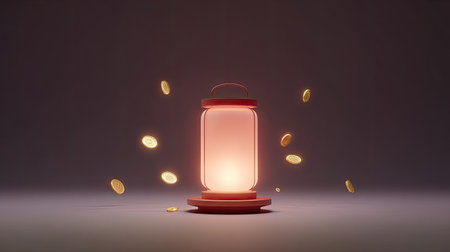 A stylish lantern emits a soft, glowing light while floating coins surround it, creating an enchanting scene with a calming purple background.の素材