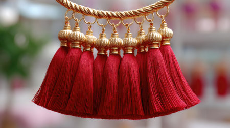 This image showcases a stunning array of vibrant red tassels accented with gold, perfect for enhancing home decor, fashion items, or craft projects.の素材