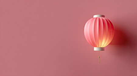 This image features an elegant pink paper lantern gracefully hanging on a wall, emitting a soft light that enhances a minimalist interior design. Perfect for conveying warmth and charm.の素材