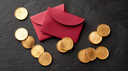 A visually captivating arrangement featuring gold coins and red envelopes on a dark slate surface, ideal for financial themes, gifting, or economic concepts.の素材