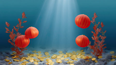 This captivating underwater scene features vibrant red lanterns and sparkling gold coins resting on a coral bed, illuminated by gentle light rays.の素材