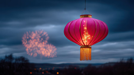 Stunning pink lantern suspended in the air, enhanced by a mesmerizing fireworks display against a moody twilight sky, perfect for festive occasions.の素材
