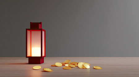 A traditional red lantern emits warm light beside a scattered arrangement of shiny golden coins on a wooden table. Ideal for festive themes.の素材