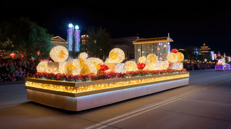A stunning parade float adorned with glowing lights and vibrant decorations enhances the festive atmosphere of a nighttime celebration, captivating all ages.の素材